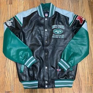 New York Jets G-III Apparel Faux Leather Varsity NFL Jacket Black Mens Size L